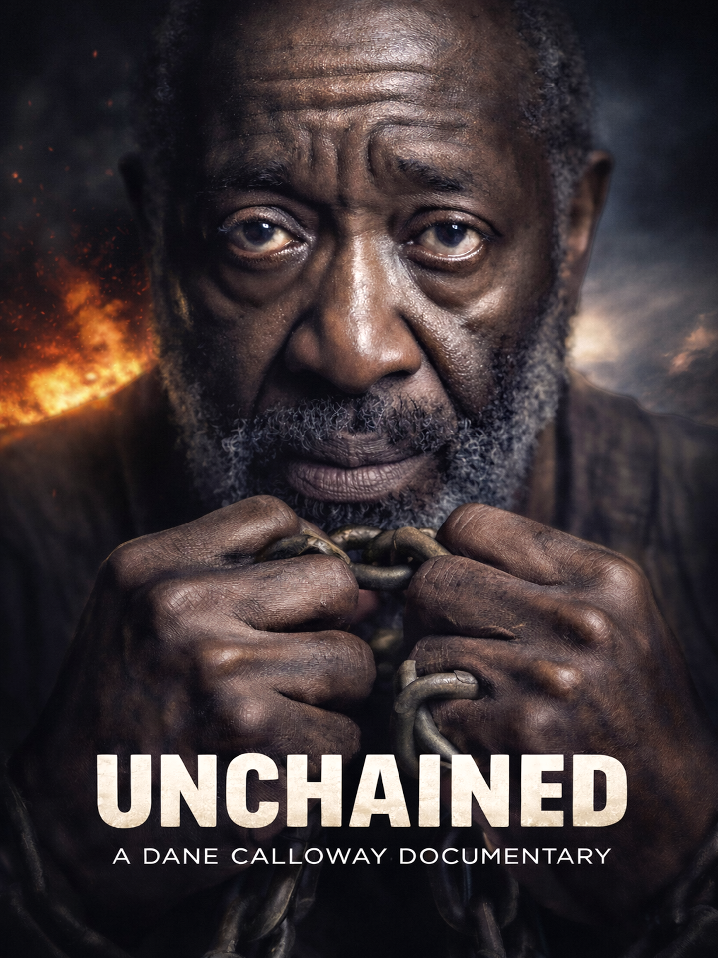 Promotional poster for 'Unchained' documentary featuring a close-up of a man's face and hands.