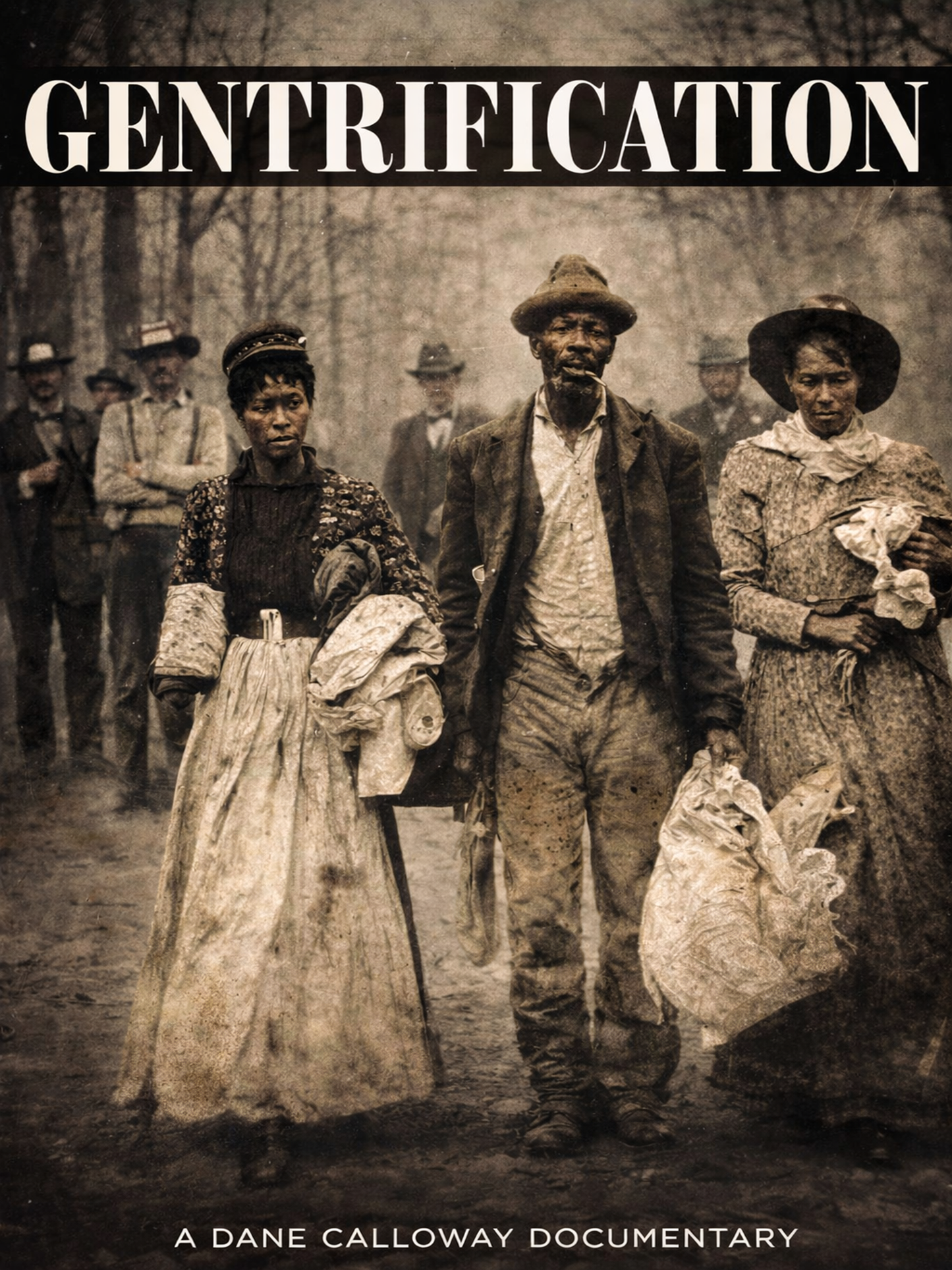 Vintage-style image of a group of people walking, with text overlay 'Gentrification' and 'A Dane Calloway Documentary'.