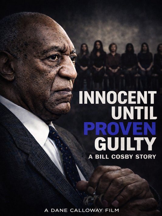 Movie poster for 'Innocent Until Proven Guilty: A Bill Cosby Story' with a close-up of a man and text.